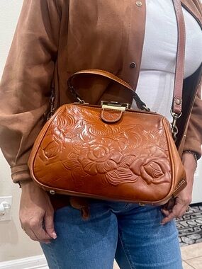 Patricia Nash brown Italian leather Floral Top-Handle Leather Satchel in Cognac